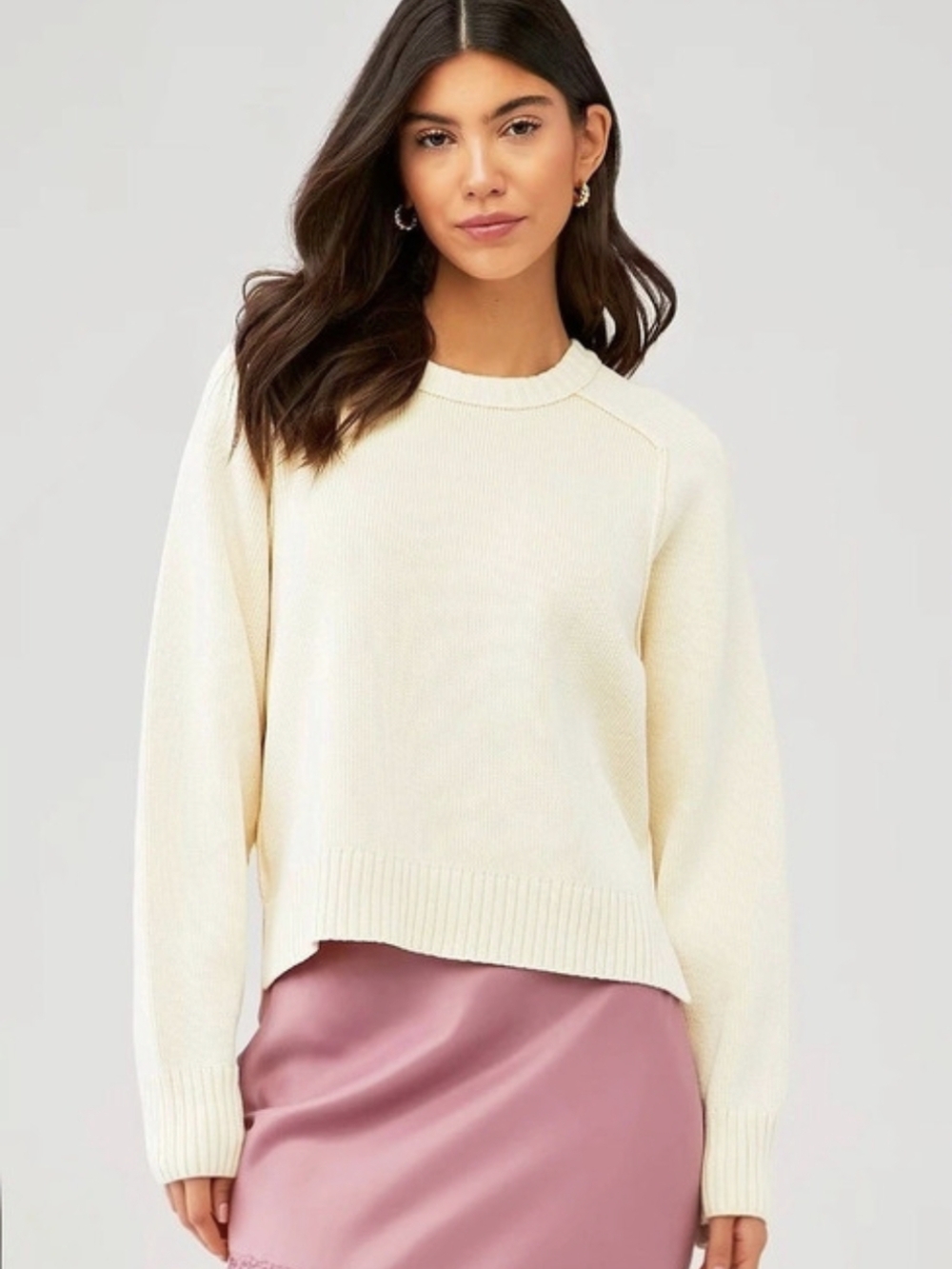 Free People Cream Ribbed Knit Cropped Crewneck Sweater Size Small